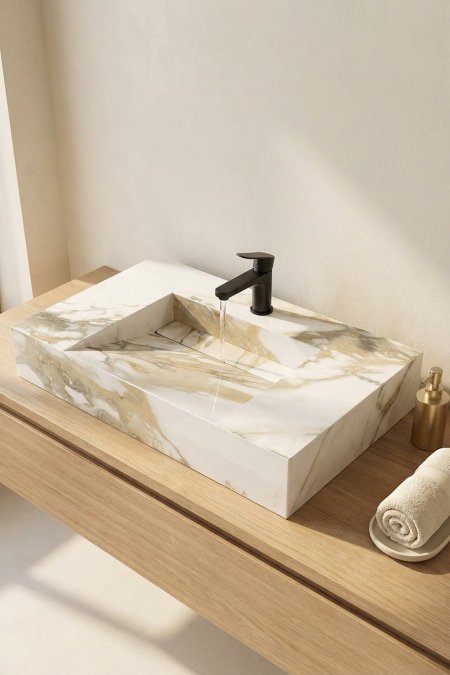 مغسلة رخام أبيض بعروق ذهبية – فوق سطح